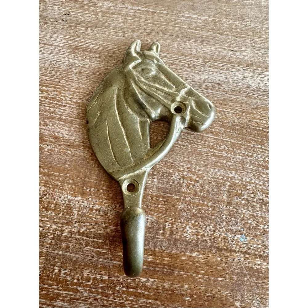 Vintage Brass Horse Head Flat Hook Wall Mount Mid Century 6